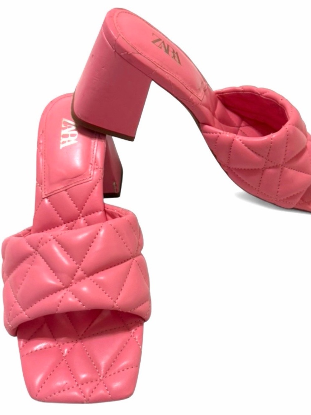 ZARA-Pink Quilted Mule Heels-Square Toe Chunky Block Heel-Size 40-US 9-Barbie